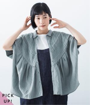 リネンピンタックレースブラウス(スモークブルー-F)