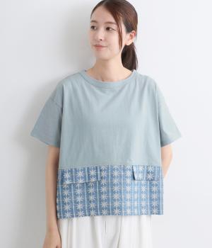 刺繍入りシャンブレー×天竺　ヘム切替T(サックス-F)
