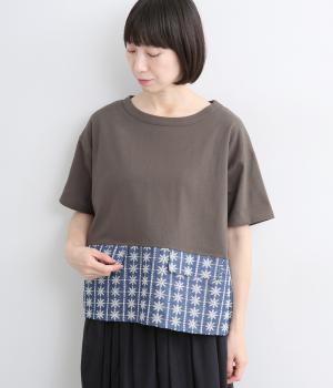 刺繍入りシャンブレー×天竺　ヘム切替T(チャコール-F)