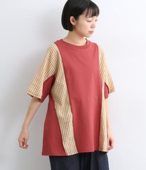 吸収速乾天竺　チェック切替TEE(レッド-F)