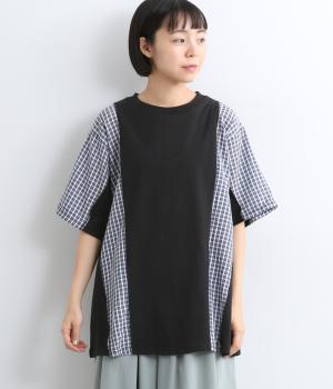 吸収速乾天竺　チェック切替TEE(ブラック-F)