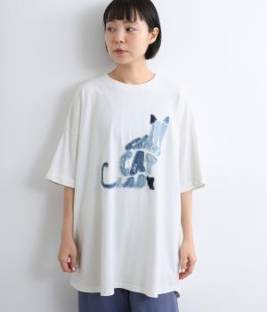 天竺パウダー加工デニム猫パッチワークT(オフホワイト-F)