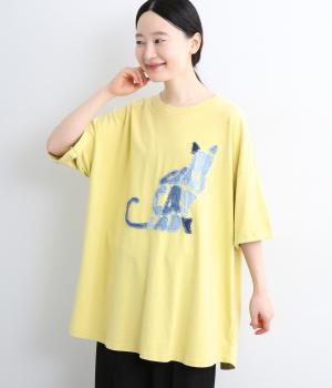 天竺パウダー加工デニム猫パッチワークT(ライトイエロー-F)