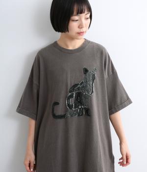 天竺パウダー加工デニム猫パッチワークT(チャコール-F)