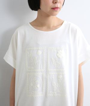 天竺接触冷感　ボタニカル切手プリントT(オフホワイト-F)