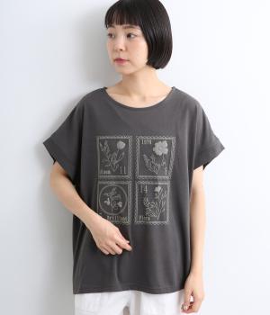 天竺接触冷感　ボタニカル切手プリントT(チャコール-F)