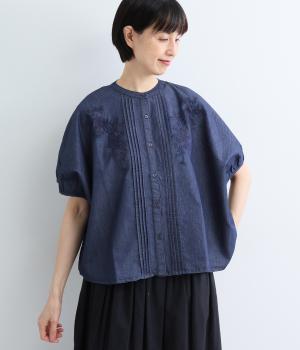 デニムピンタック刺繍ブラウス(ネイビーデニム-F)