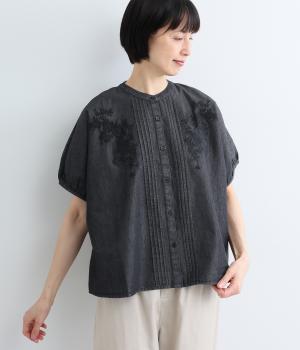 デニムピンタック刺繍ブラウス(ブラックデニム-F)