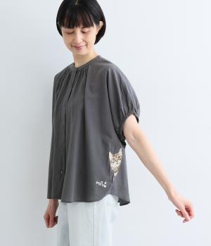 キャンブリック　猫ブラウス(チャコール-F)
