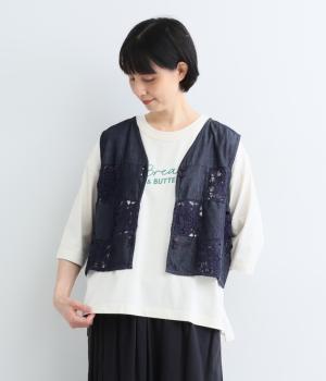 デニム×クロシェ　パッチワークベスト(ネイビーデニム-F)