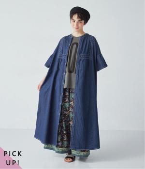 デニムスモッキングフレアワンピース(インディゴ-FP)