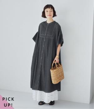 デニムスモッキングフレアワンピース(ブラックデニム-F)