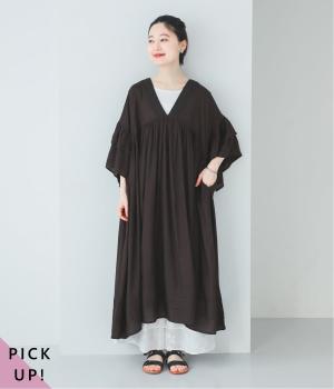 レーヨンフリルギャザーワンピース(ブラック-F)