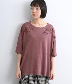 天竺ピグメントバイオ　ボタニカル刺繍TEE(ダークチェリー-F)