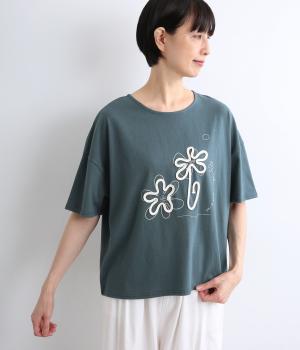 天竺コード刺繍Tシャツ(ブルーグリーン-F)