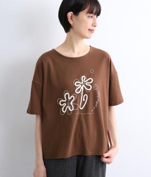 天竺コード刺繍Tシャツ(ブラウン-F)