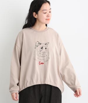 天竺猫プリント&刺繍TEE（グレージュ・F）