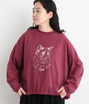 天竺猫プリント&刺繍TEE（バーガンディ・F）
