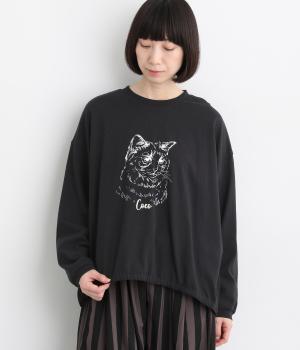 天竺猫プリント&刺繍TEE（ブラック・F）