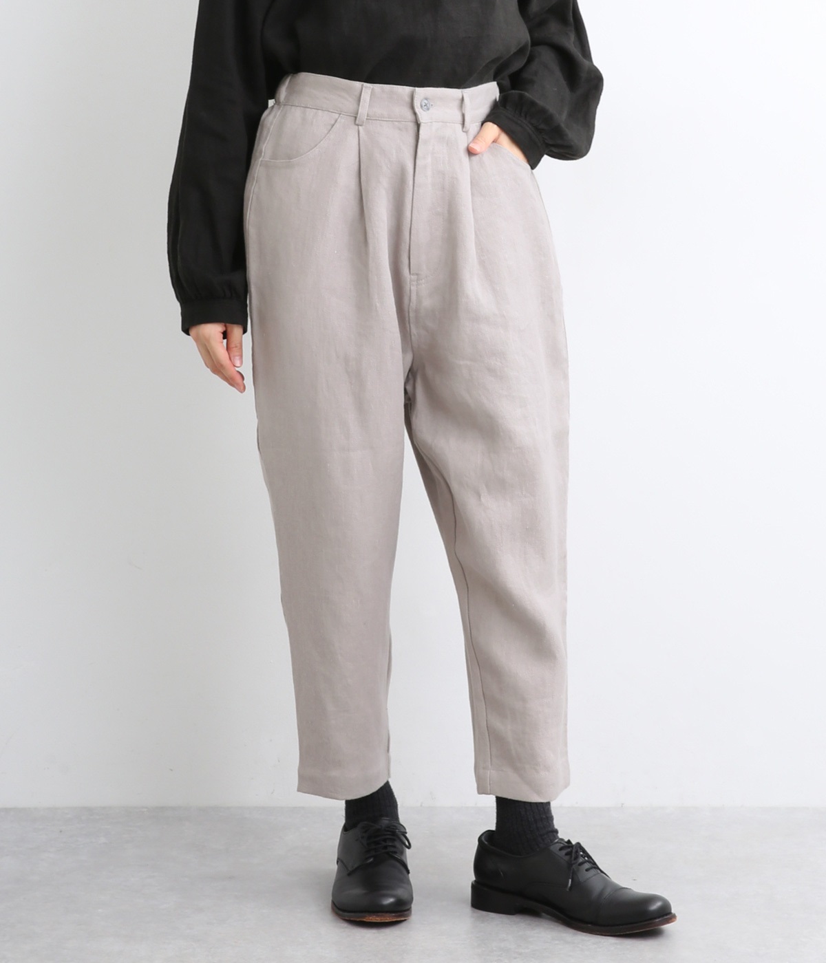 リネンデニムウエストタックパンツ(グレー-ONESIZE)