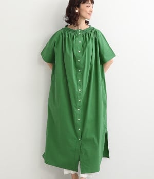 コットンキャンブリックフリルカラーワンピース(グリーン-ONESIZE)