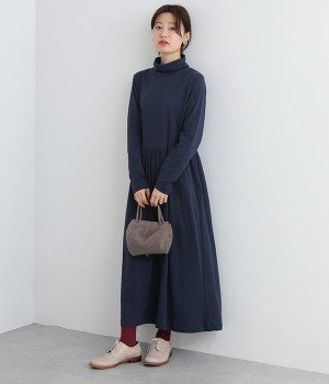 接結カットソータートルネックワンピース(ネイビー-L)