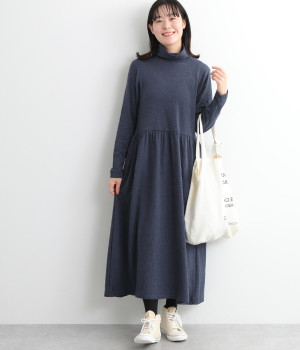 接結カットソータートルネックワンピース(ネイビー-L)