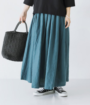 リネンギャザースカート(ブルー-ONESIZE)