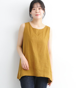 リネンムジフレアノースリーブブラウス(マスタード-ONESIZE)
