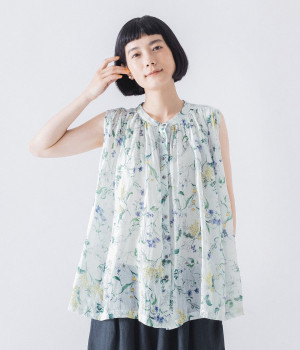 ラミーインクジェットプリントノースリーブブラウス(ホワイト-ONESIZE)