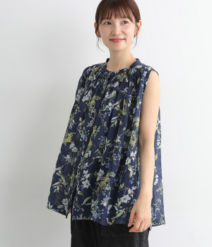 ラミーインクジェットプリントノースリーブブラウス(ネイビー-ONESIZE)