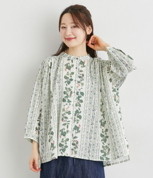 コットンボタニカルストライププリントブラウス(アイボリー-ONESIZE)