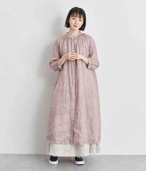 リネンベンガラ染めギャザーワンピース(パープル-ONESIZE)