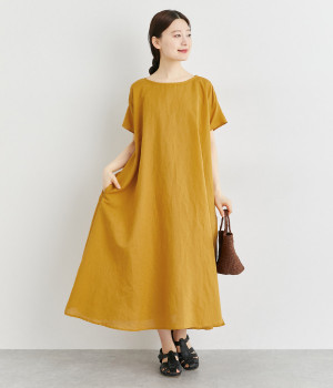 コットンリネンフレアワンピース(マスタード-ONESIZE)
