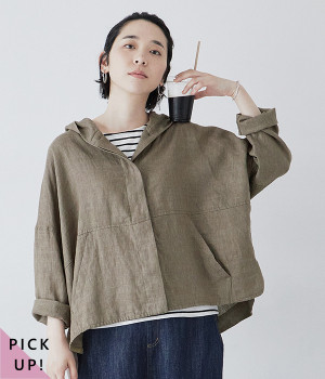 別注｜リネン100％フーディーブルゾン(モスグリーン-ONESIZE)