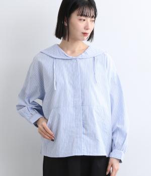 コットンストライプセーラーブラウス(ブルー-F)