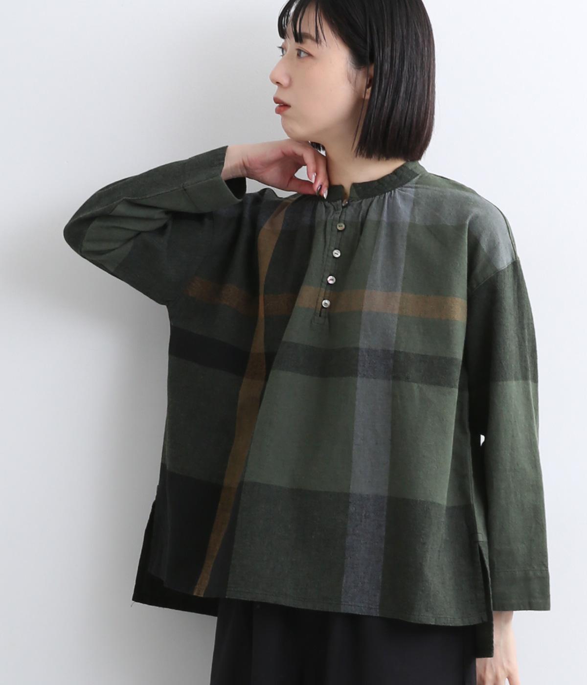 コットンリネンアムンゼンパネルチェックブラウス(グリーン-F)