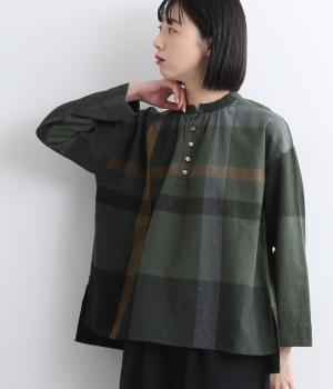 コットンリネンアムンゼンパネルチェックブラウス(グリーン-F)