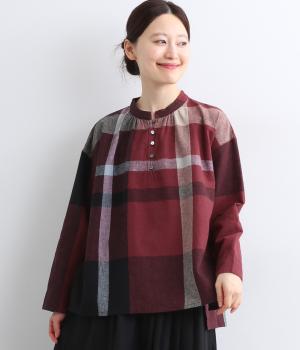 コットンリネンアムンゼンパネルチェックブラウス(レッド-F)