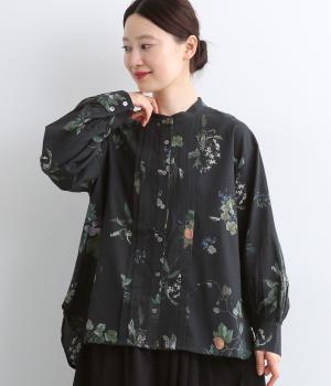 コットンリネンボタニカルプリントブラウス(ブラック-F)