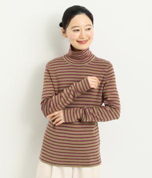 コットンウールニット　タートルネックプルオーバー(ベージュボーダー-F)