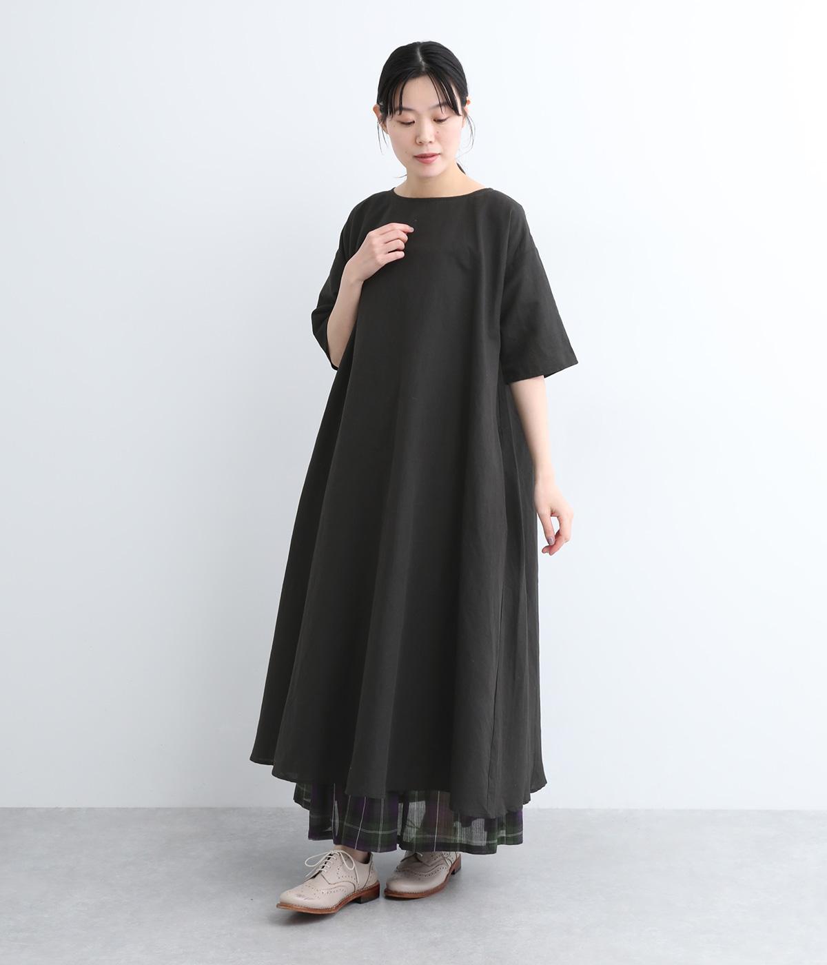 コットンリネンハーフスリーブフレアワンピース(ブラック-ONESIZE)