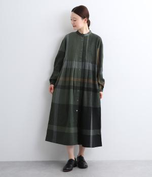 コットンリネンアムンゼンパネルチェックワンピース(グリーン-F)