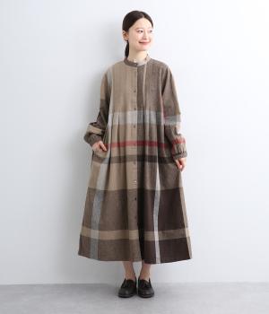 コットンリネンアムンゼンパネルチェックワンピース(ブラウン-F)