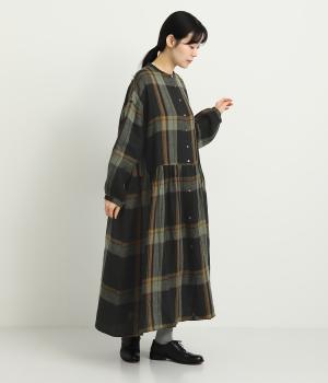 リネン　タータンチェック起毛ワンピース(チャコール-F)