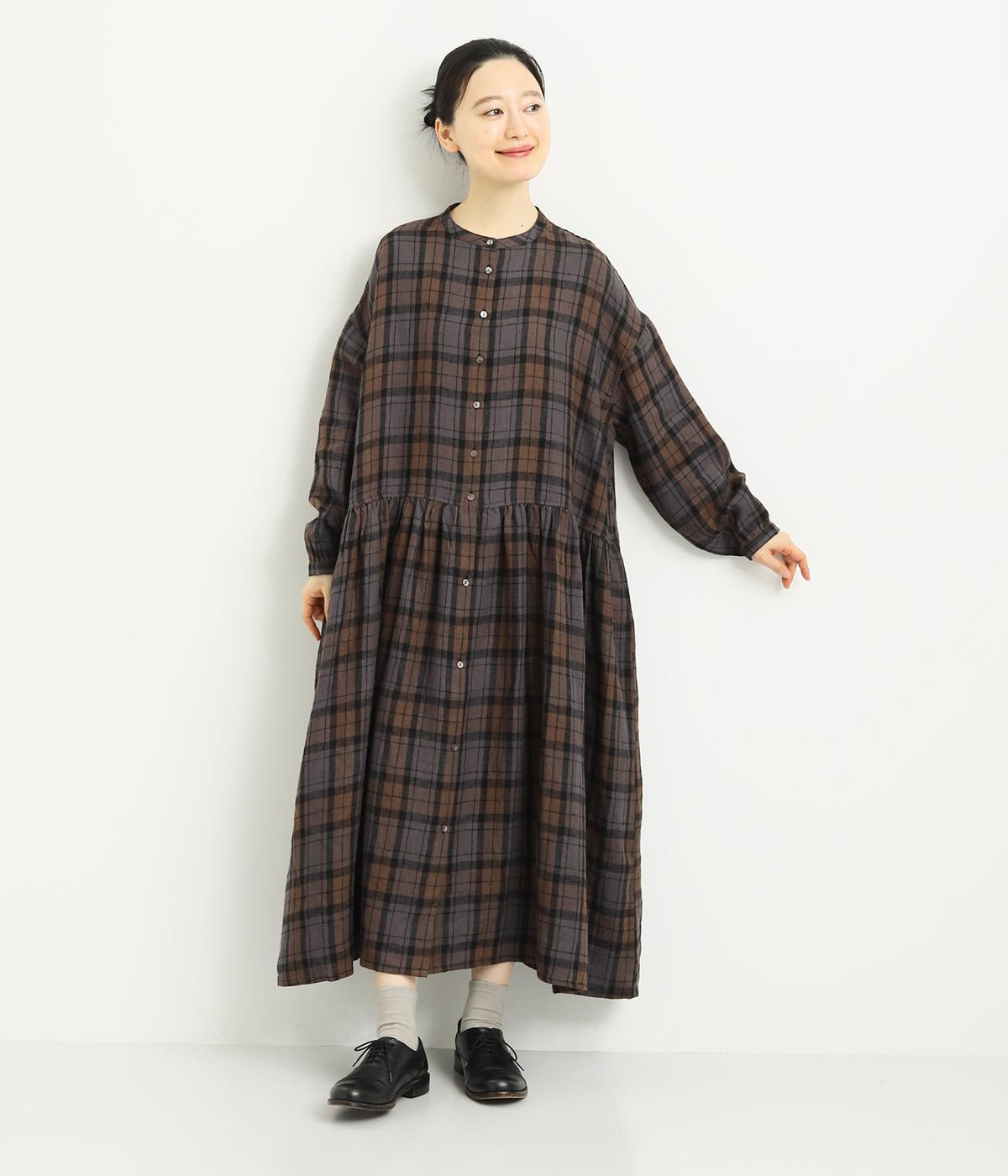 リネン　チェック起毛ギャザーワンピ―ス(ブラウン-F)