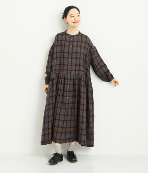 リネン　チェック起毛ギャザーワンピ―ス(ブラウン-F)