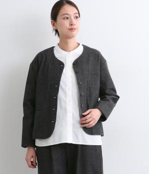 コットンリネン10OZデニムノーカラージャケット(ブラック-F)