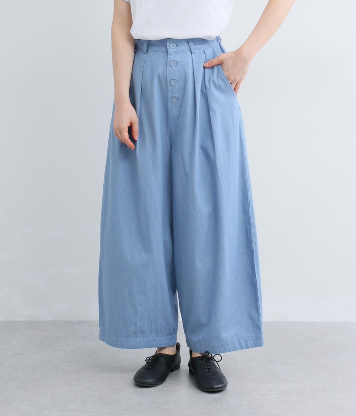 コットンリネンデニムタックパンツ(ブルー-F)