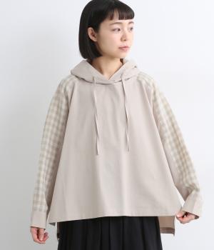 コットンセルロースギンガムチェック切替フードプルオーバー(ベージュ-F)